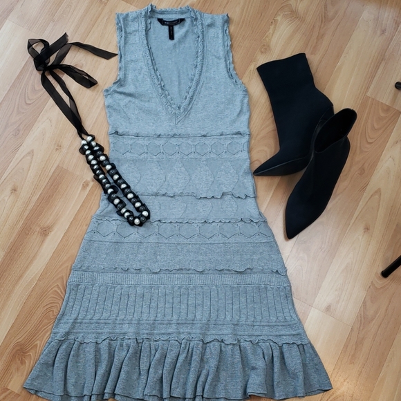 BCBGMaxAzria Dresses & Skirts - BCBGMaxazria Gray Ruffled Sweater Dress